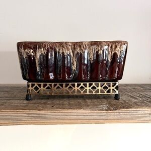 Brown Drip Glaze Ceramic Planter on Brass Stand